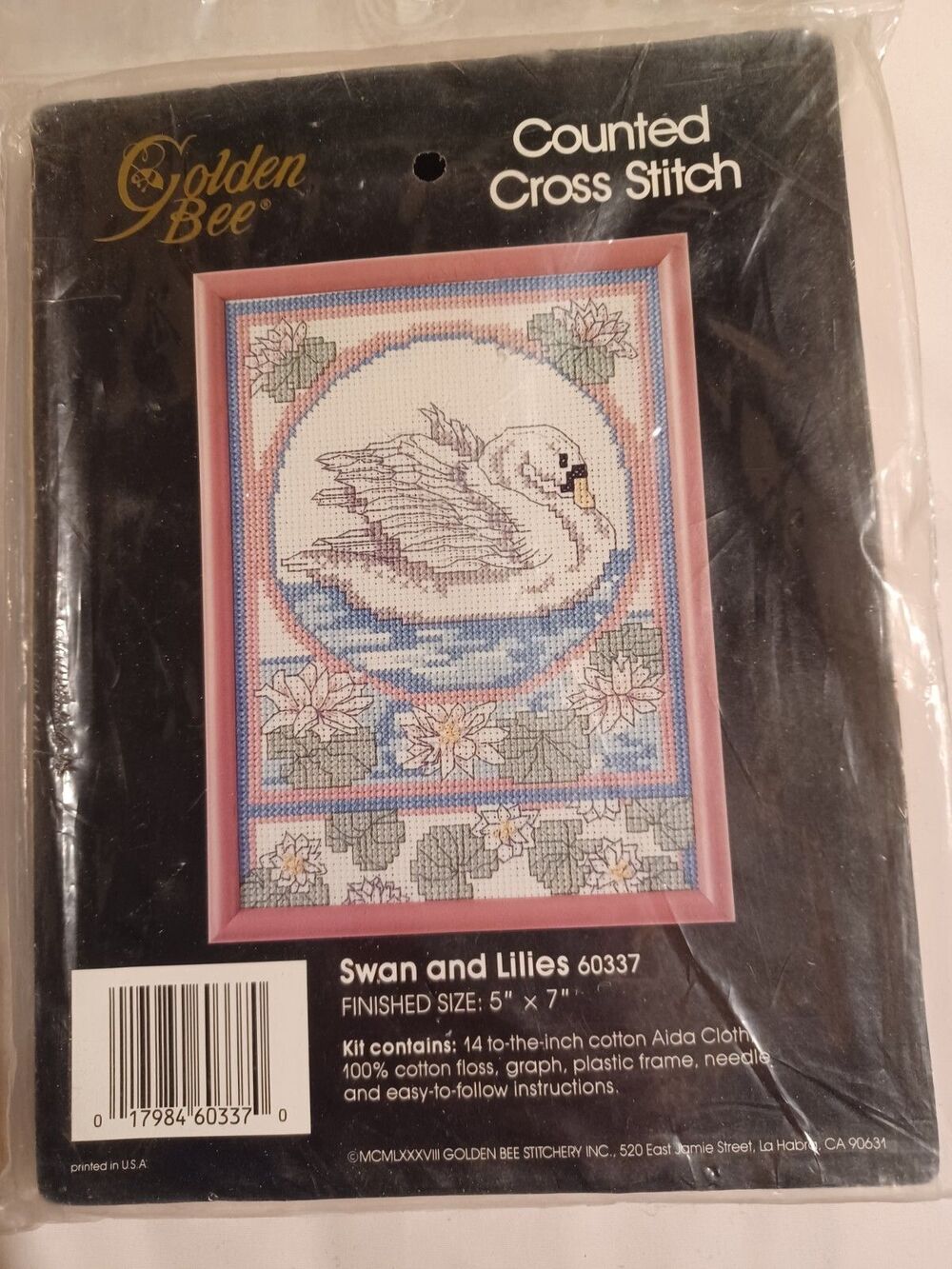 GOLDEN BEE VINTAGE Counted Cross Stitch Kit w/ FRAME SWAN LILIES 5x7 Granny Core